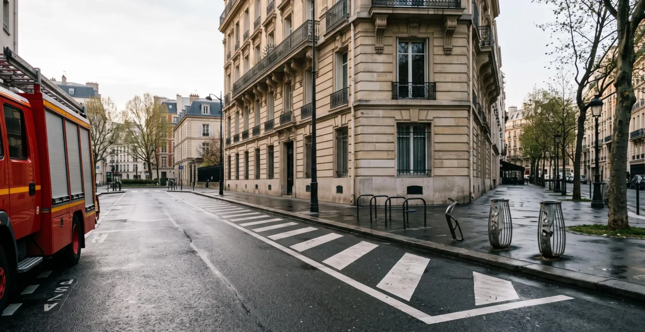 Voie d'accès pompiers dégagée menant à la façade d'un bâtiment français, symbolisant la rapidité d'intervention des secours