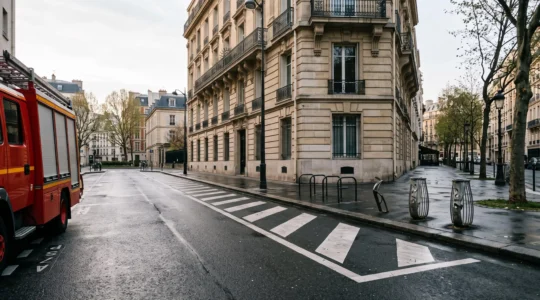 Voie d'accès pompiers dégagée menant à la façade d'un bâtiment français, symbolisant la rapidité d'intervention des secours