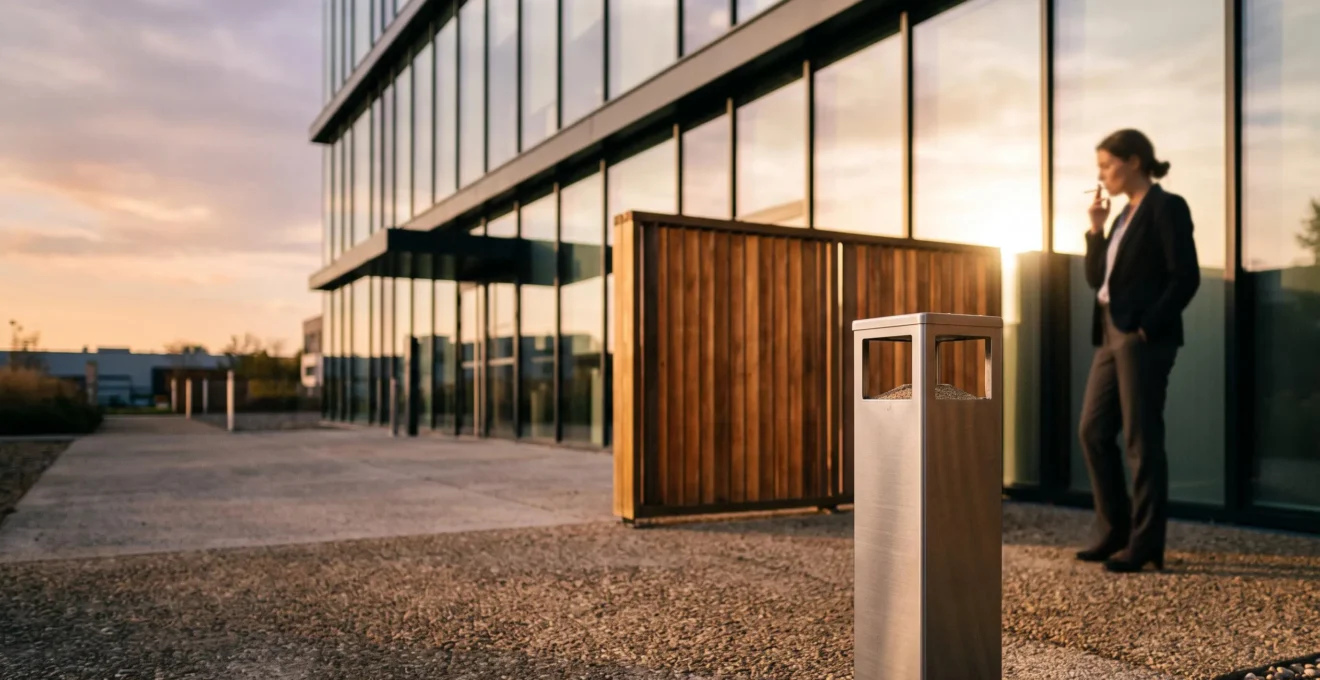 Espace fumeurs exterieur securise avec cendrier anti-feu devant un immeuble de bureaux en France