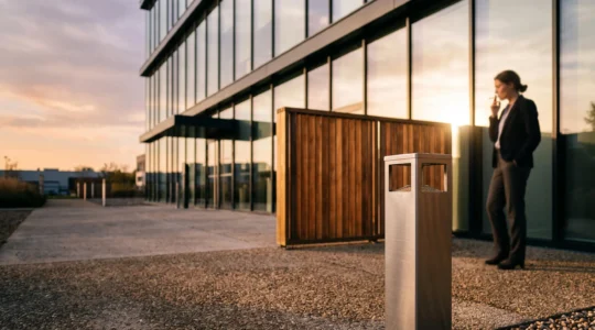 Espace fumeurs exterieur securise avec cendrier anti-feu devant un immeuble de bureaux en France