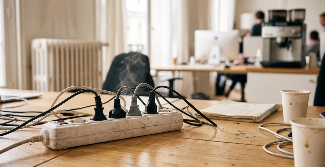 Prise électrique et multiprise surchargées dans un bureau français, symbole du risque d'incendie électrique imminent