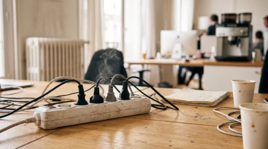 Prise électrique et multiprise surchargées dans un bureau français, symbole du risque d'incendie électrique imminent