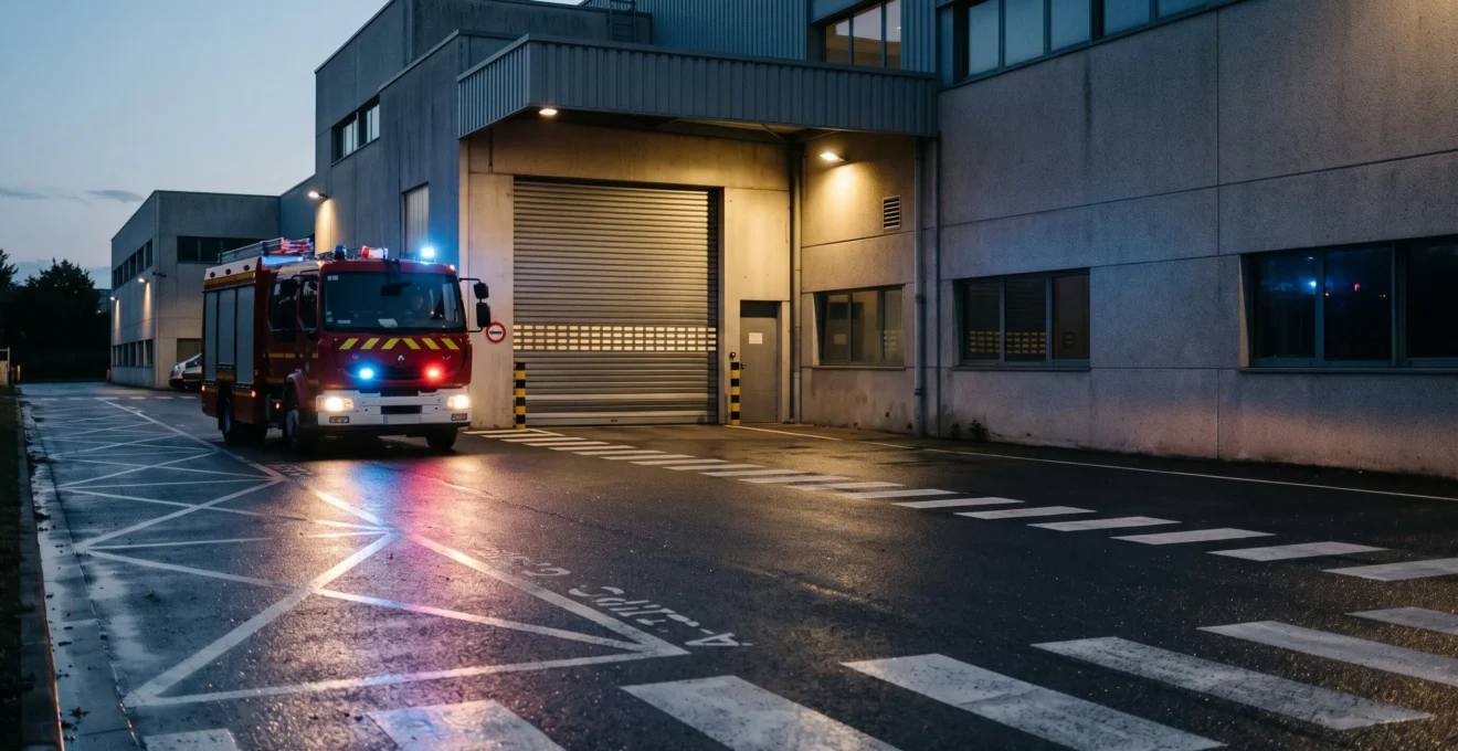 Vue éditoriale d'un fourgon de sapeurs-pompiers français s'approchant d'un site industriel au crépuscule, symbolisant la course contre la montre avant l'extinction
