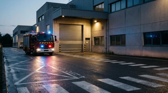Vue éditoriale d'un fourgon de sapeurs-pompiers français s'approchant d'un site industriel au crépuscule, symbolisant la course contre la montre avant l'extinction