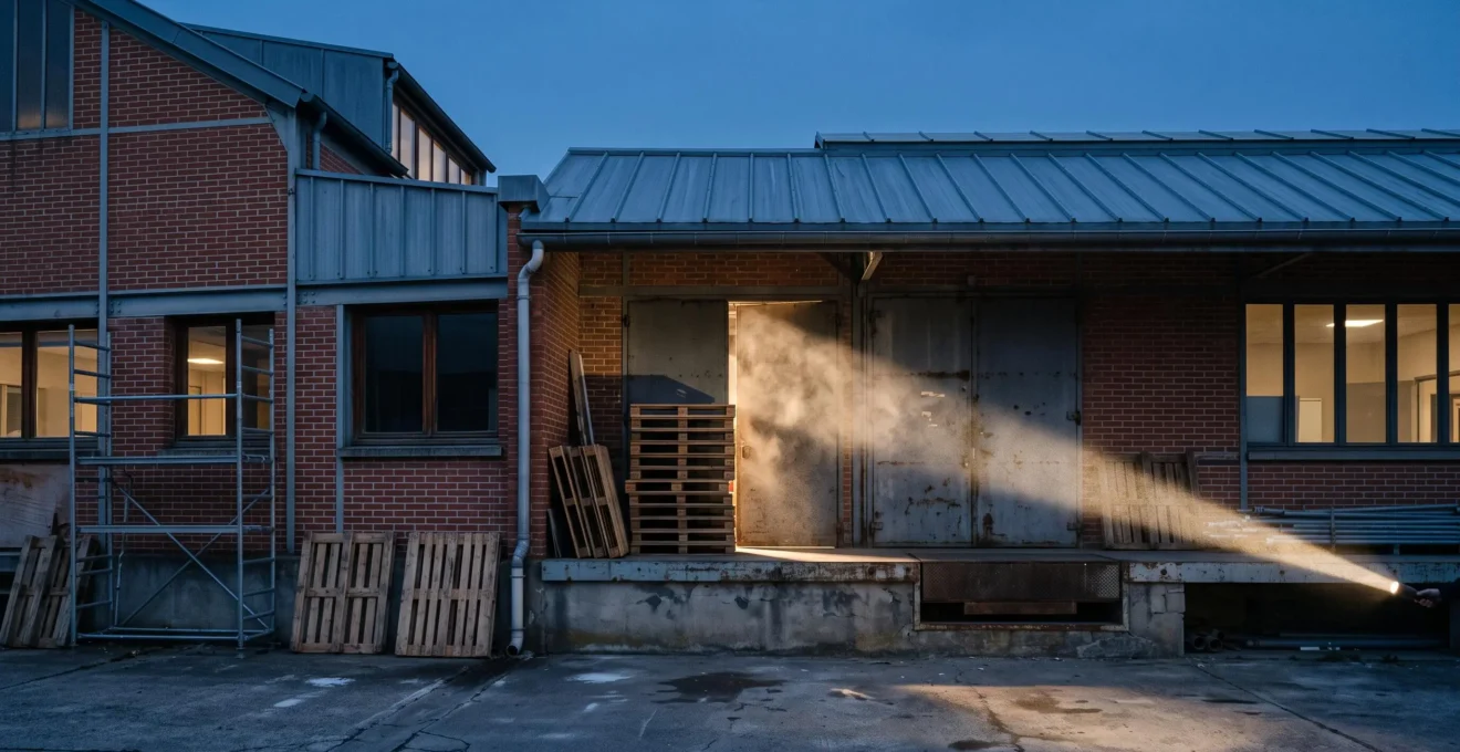 Faisceau de lampe torche revelant une zone de stockage a risque bloquant un acces de securite dans un batiment professionnel francais