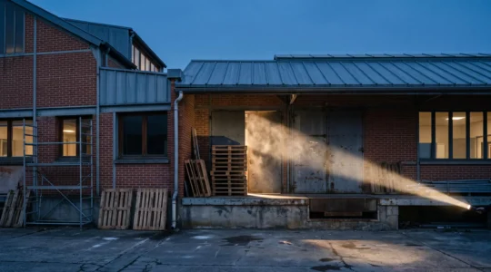 Faisceau de lampe torche revelant une zone de stockage a risque bloquant un acces de securite dans un batiment professionnel francais