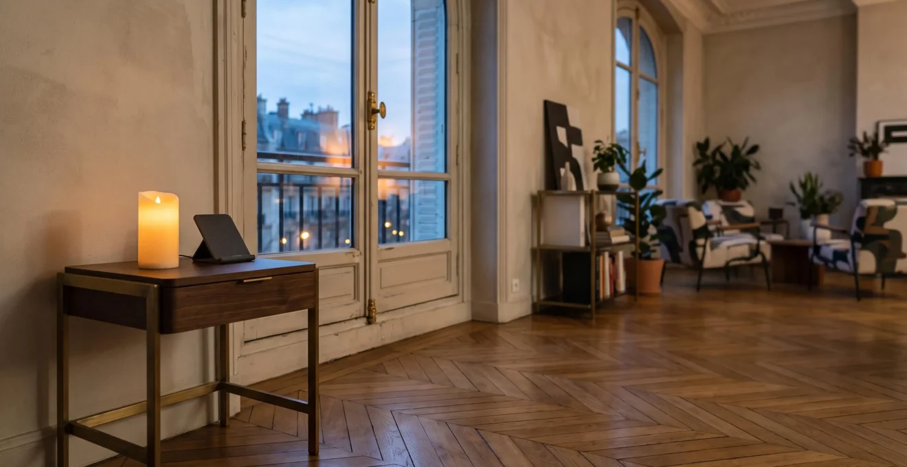 Bureau français moderne et élégant sans aucune flamme nue, éclairage sécurisé et ambiance chaleureuse