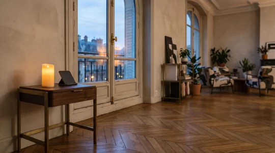Bureau français moderne et élégant sans aucune flamme nue, éclairage sécurisé et ambiance chaleureuse