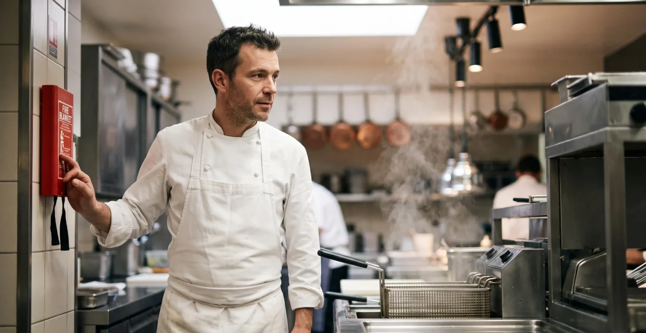 Chef de cuisine professionnelle française vigilant près d'une friteuse, symbolisant la prévention du risque incendie classe F