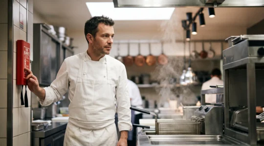 Chef de cuisine professionnelle française vigilant près d'une friteuse, symbolisant la prévention du risque incendie classe F