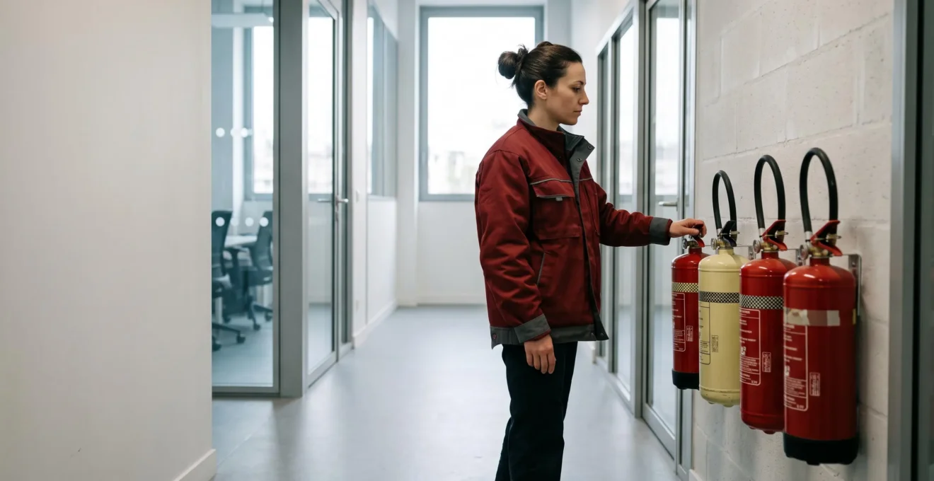 Technicien examinant une rangée d'extincteurs de différentes classes dans un couloir professionnel français