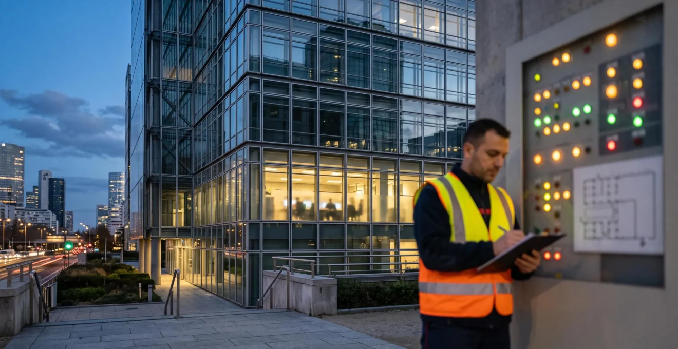 Vue d'ensemble d'un immeuble de bureaux moderne en France équipé d'un système de sécurité incendie intégré