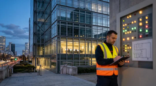 Vue d'ensemble d'un immeuble de bureaux moderne en France équipé d'un système de sécurité incendie intégré