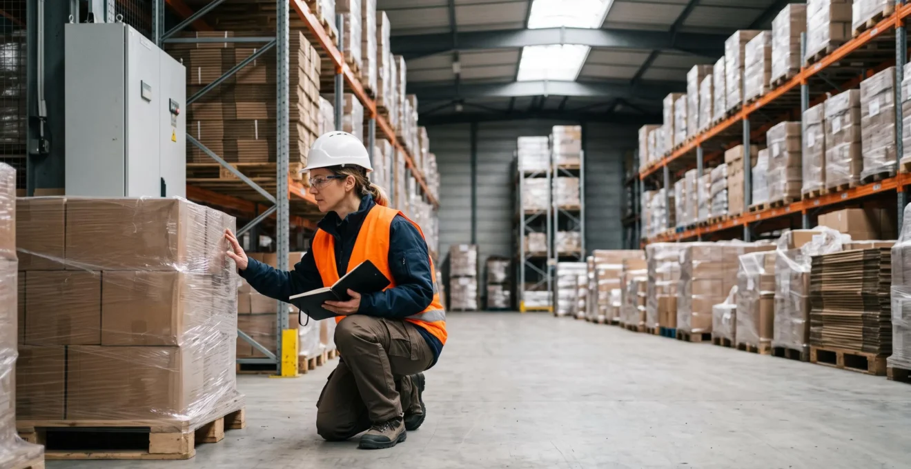 Responsable sécurité inspectant un stockage de palettes dans un entrepôt logistique français pour prévenir un risque d'embrasement
