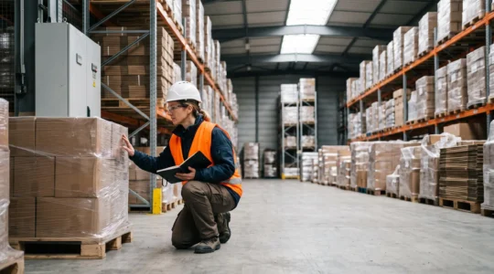 Responsable sécurité inspectant un stockage de palettes dans un entrepôt logistique français pour prévenir un risque d'embrasement