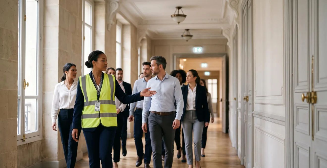 Un coordinateur d'évacuation en gilet haute visibilité guide calmement un groupe de salariés vers une sortie de secours dans un immeuble de bureaux à l'architecture haussmannienne