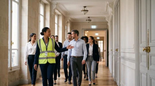 Un coordinateur d'évacuation en gilet haute visibilité guide calmement un groupe de salariés vers une sortie de secours dans un immeuble de bureaux à l'architecture haussmannienne