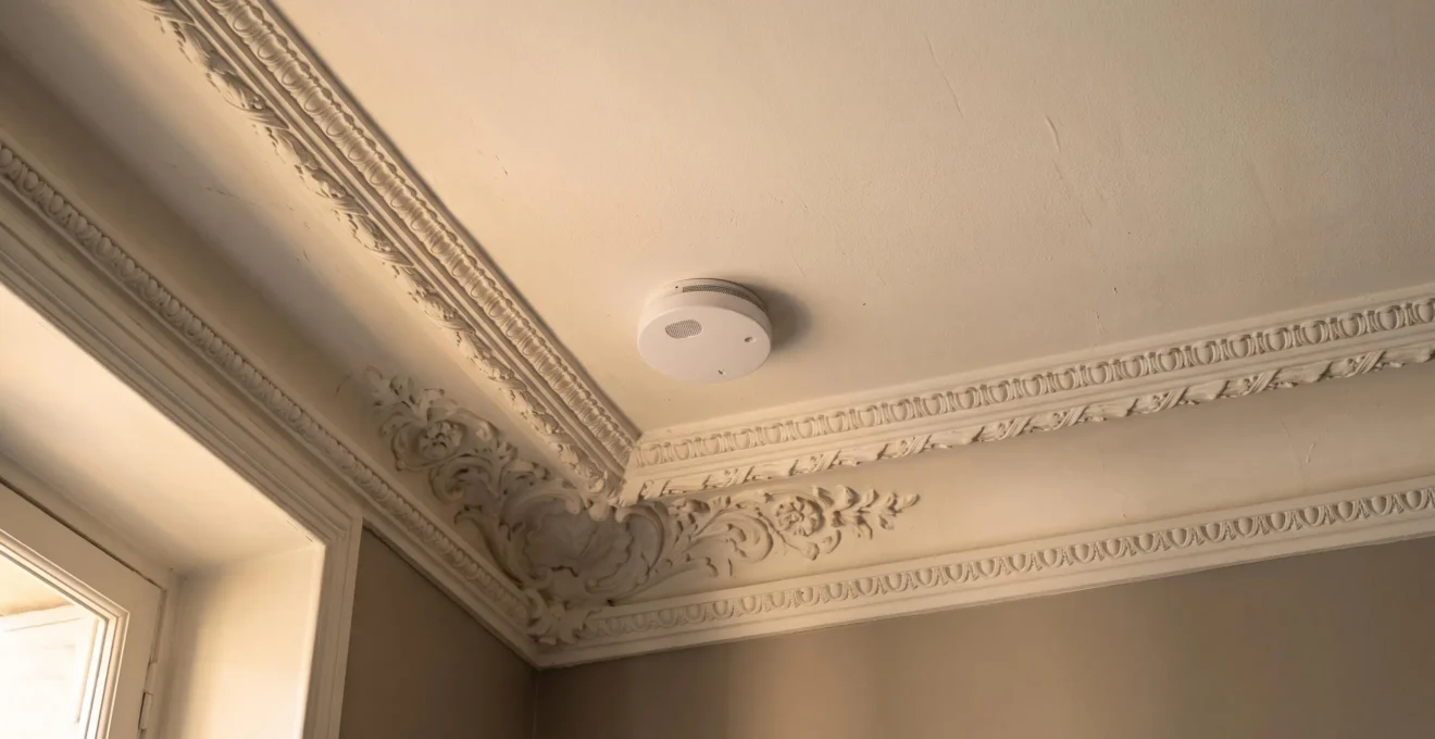 Détecteur de fumée installé au plafond moulure d'un appartement français, symbole de la sécurité incendie domestique