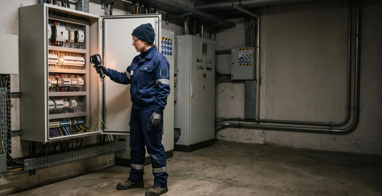 Technicien inspectant un tableau électrique industriel avec une caméra thermique pour prévenir un départ de feu
