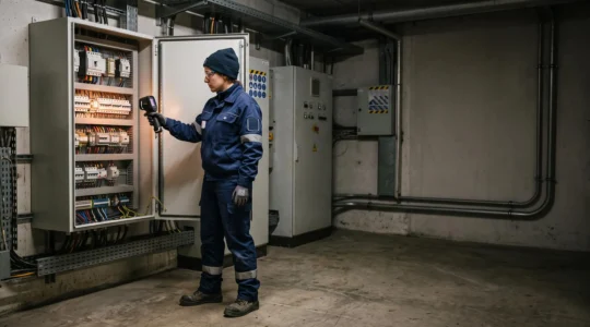 Technicien inspectant un tableau électrique industriel avec une caméra thermique pour prévenir un départ de feu