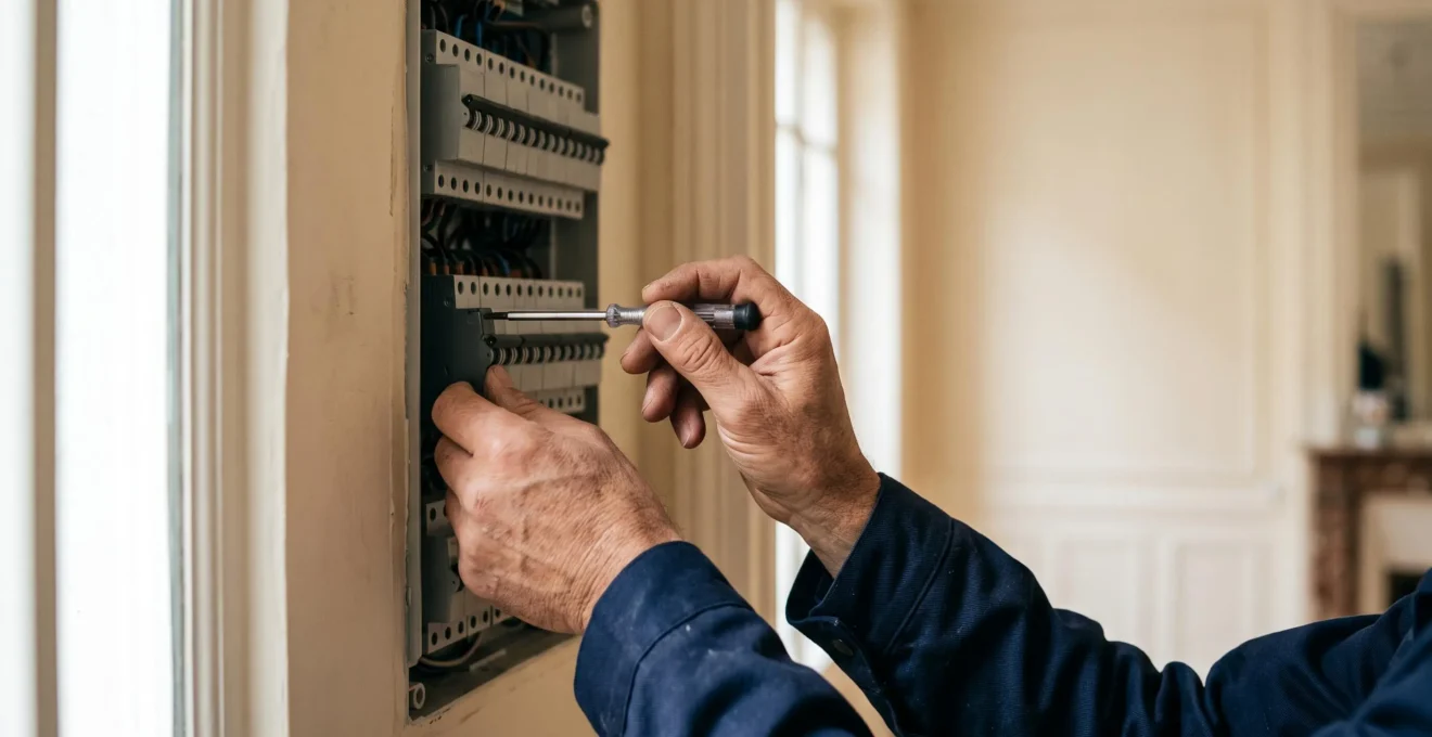 Electricien professionnel inspectant un tableau electrique moderne dans un appartement francais pour prevenir les risques d'incendie