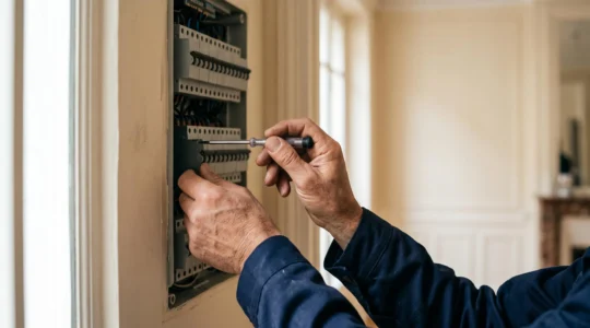 Electricien professionnel inspectant un tableau electrique moderne dans un appartement francais pour prevenir les risques d'incendie