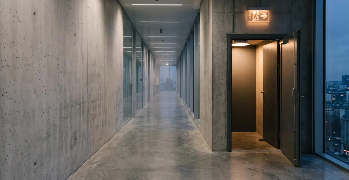 Zone refuge coupe-feu dans un immeuble de bureaux français, porte technique et signalétique abstraite au crépuscule