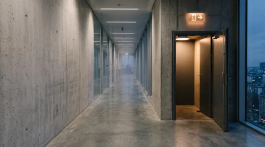 Zone refuge coupe-feu dans un immeuble de bureaux français, porte technique et signalétique abstraite au crépuscule
