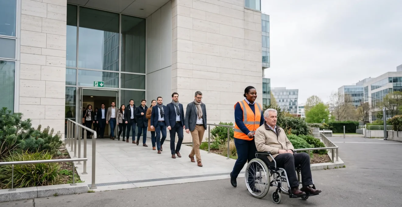 Groupe de collaborateurs et visiteurs évacuant calmement un bâtiment, un employé aidant une personne en fauteuil roulant vers le point de rassemblement