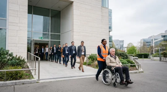 Groupe de collaborateurs et visiteurs évacuant calmement un bâtiment, un employé aidant une personne en fauteuil roulant vers le point de rassemblement