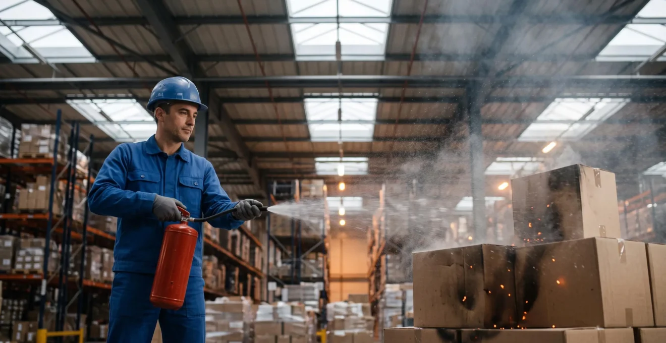 Employé français utilisant un extincteur à eau pulvérisée pour maîtriser un départ de feu de classe A dans un local de stockage