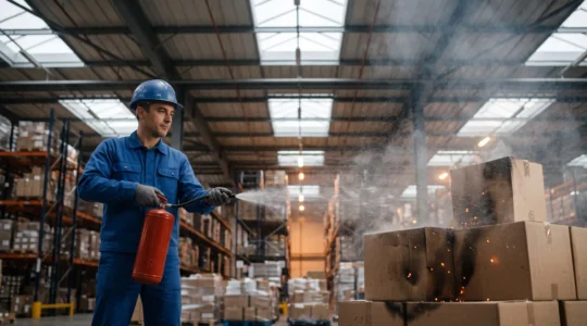 Employé français utilisant un extincteur à eau pulvérisée pour maîtriser un départ de feu de classe A dans un local de stockage