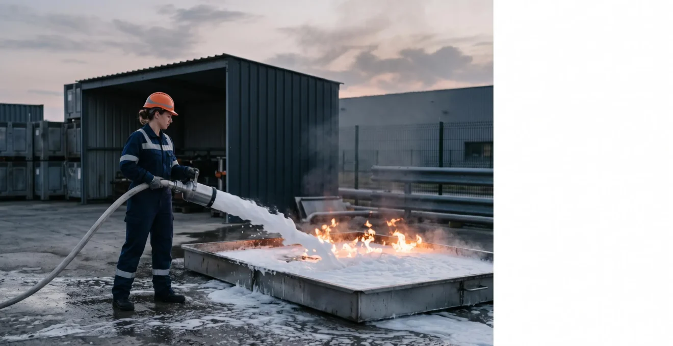 Jet de mousse blanche recouvrant délicatement la surface d'un feu de liquide inflammable dans un cadre industriel français, sans éclaboussure