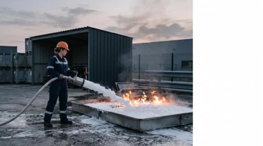 Jet de mousse blanche recouvrant délicatement la surface d'un feu de liquide inflammable dans un cadre industriel français, sans éclaboussure