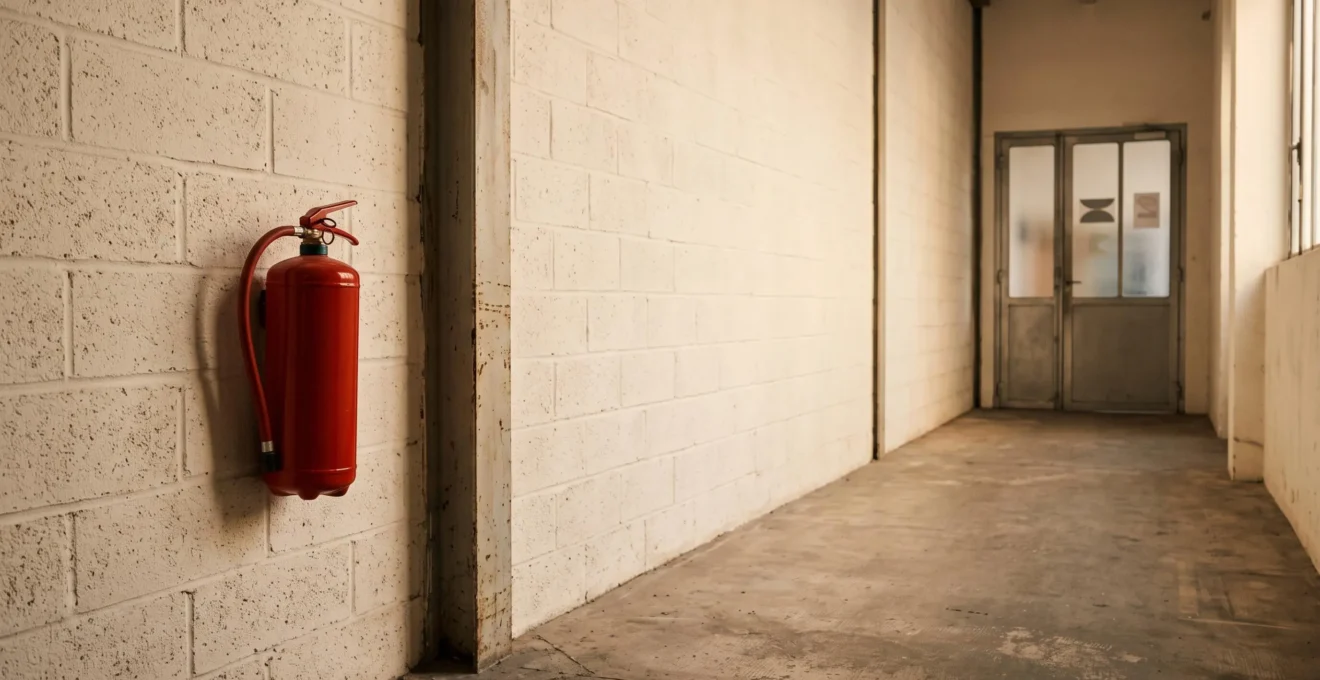 Extincteur rouge fixé sur un mur clair d'un atelier industriel français, éclairé par une lumière naturelle douce