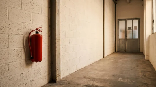 Extincteur rouge fixé sur un mur clair d'un atelier industriel français, éclairé par une lumière naturelle douce