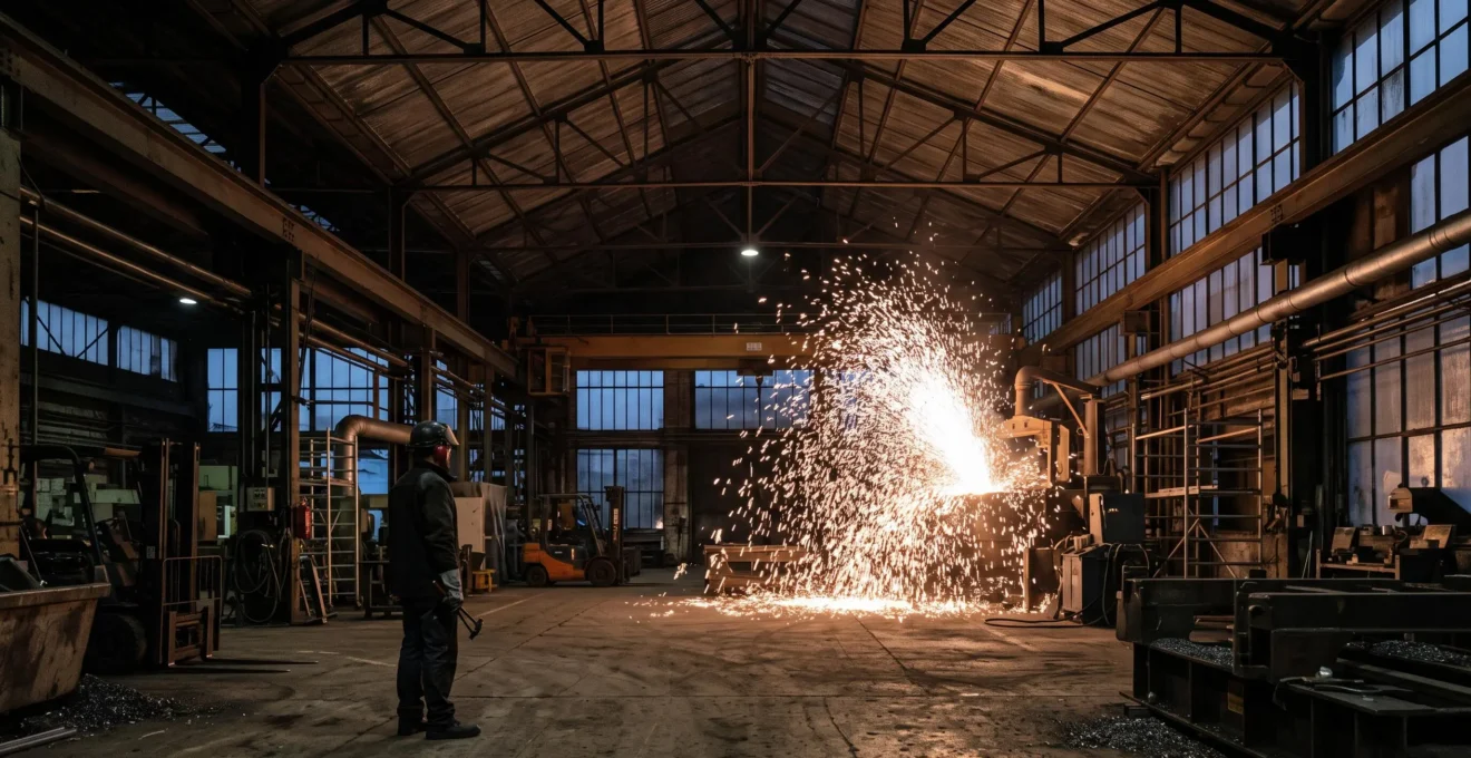 Étincelles incandescentes de métal en fusion s'élevant dans un atelier industriel français au crépuscule, illustrant le danger d'un feu de classe D