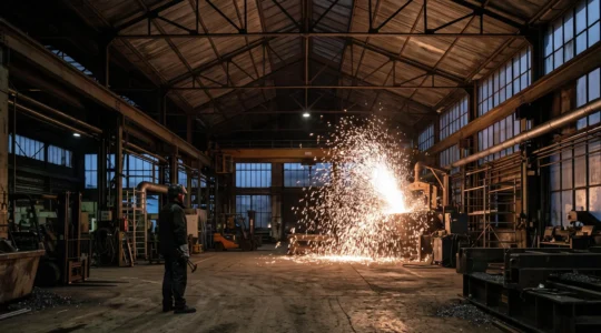 Étincelles incandescentes de métal en fusion s'élevant dans un atelier industriel français au crépuscule, illustrant le danger d'un feu de classe D