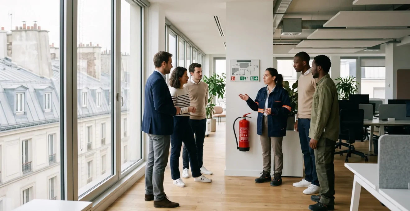 Équipe de salariés français participant à un exercice de formation sécurité incendie en entreprise