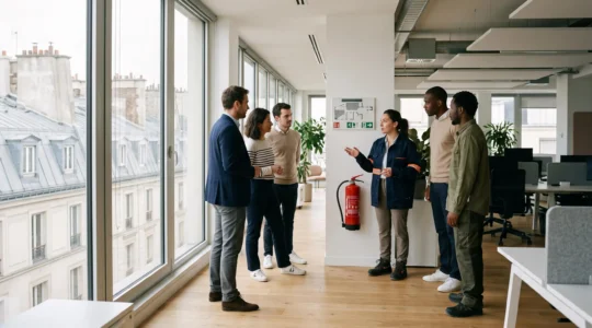 Équipe de salariés français participant à un exercice de formation sécurité incendie en entreprise