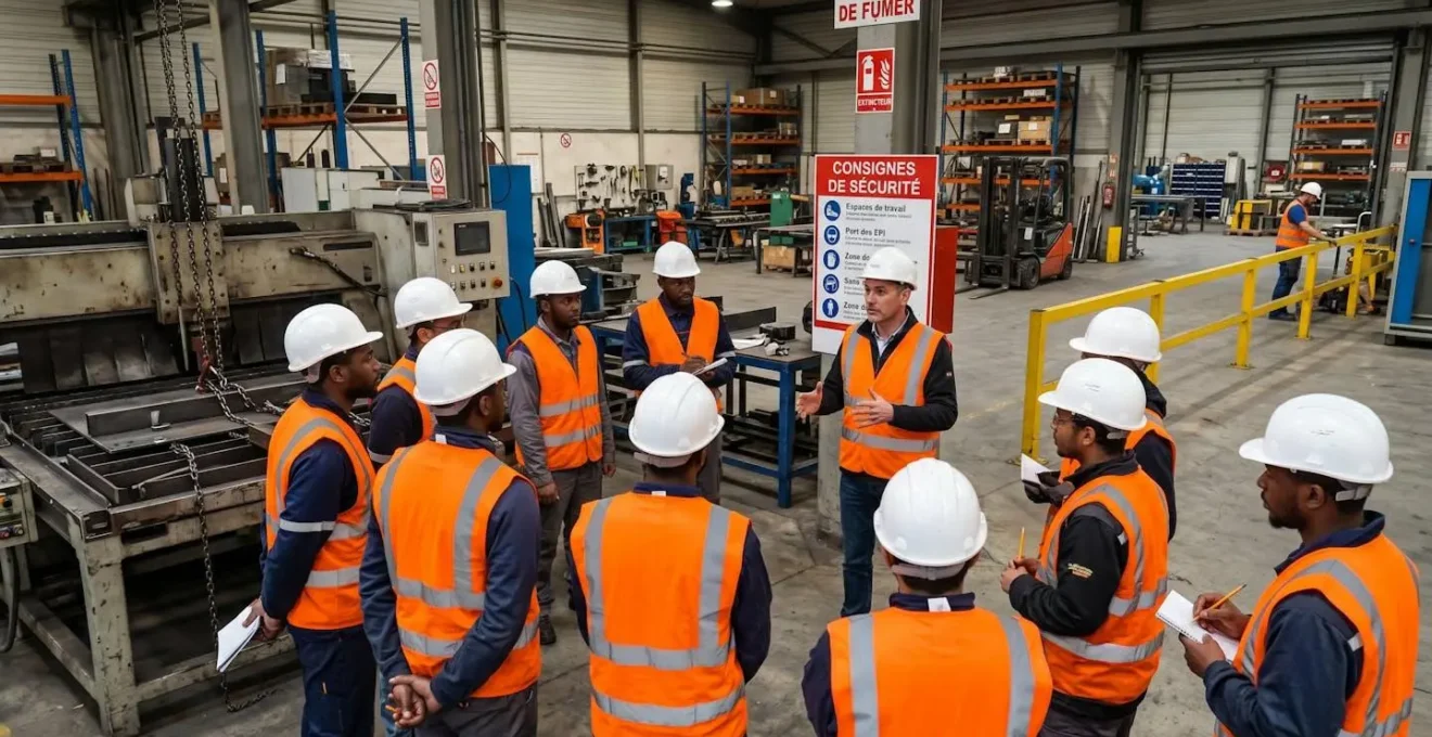 Session de formation sécurité pour salariés dans un entrepôt industriel avec formateur