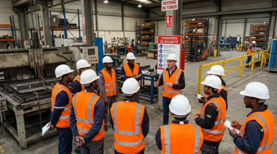 Session de formation sécurité pour salariés dans un entrepôt industriel avec formateur