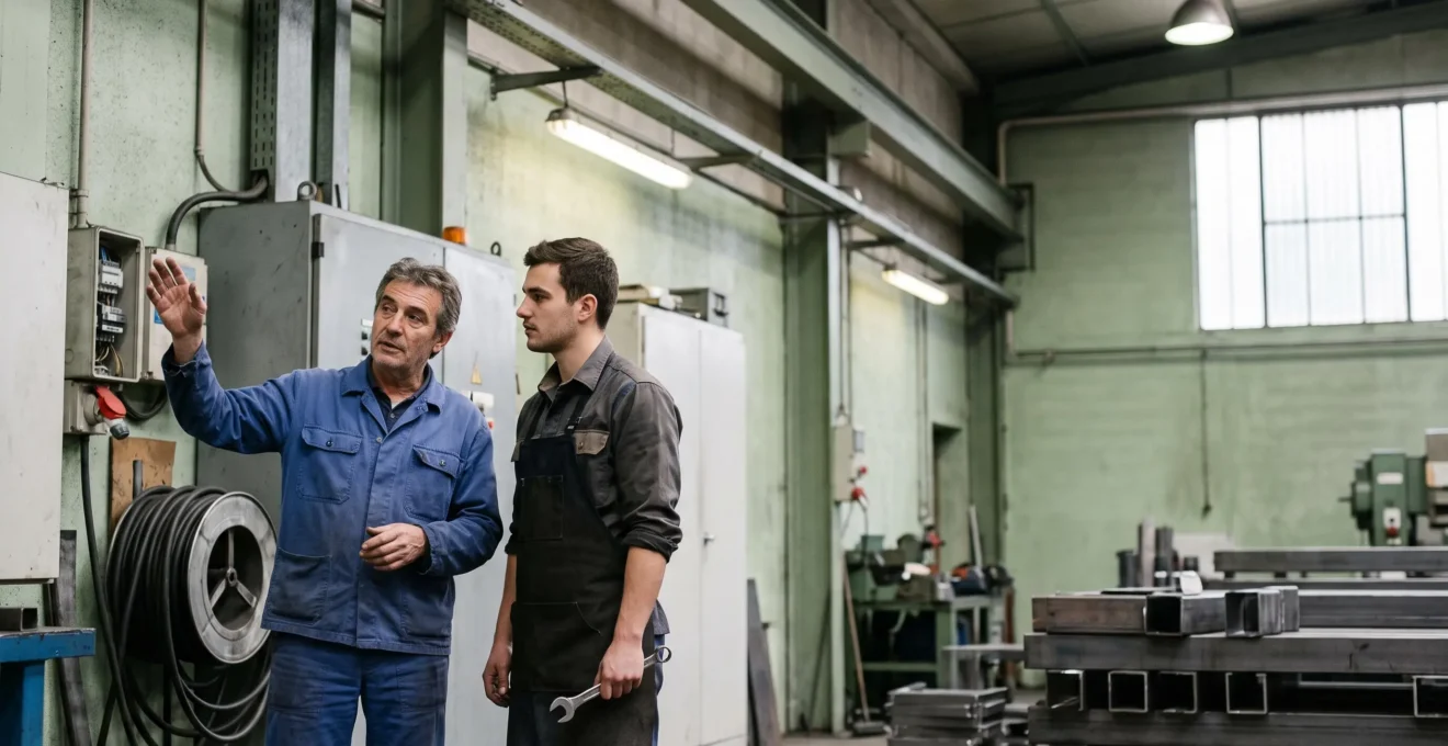 Un responsable d'atelier en France sensibilisant son equipe a un risque incendie latent dans un environnement professionnel