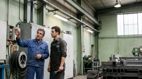 Un responsable d'atelier en France sensibilisant son equipe a un risque incendie latent dans un environnement professionnel
