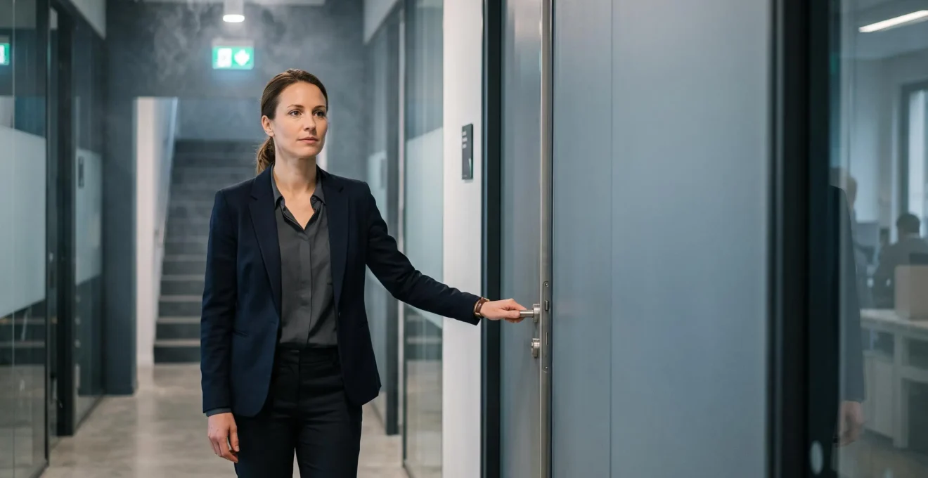 Un employé reste concentré et déterminé face à une porte de sortie de secours dans un couloir de bureau enfumé