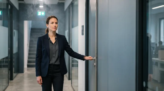Un employé reste concentré et déterminé face à une porte de sortie de secours dans un couloir de bureau enfumé