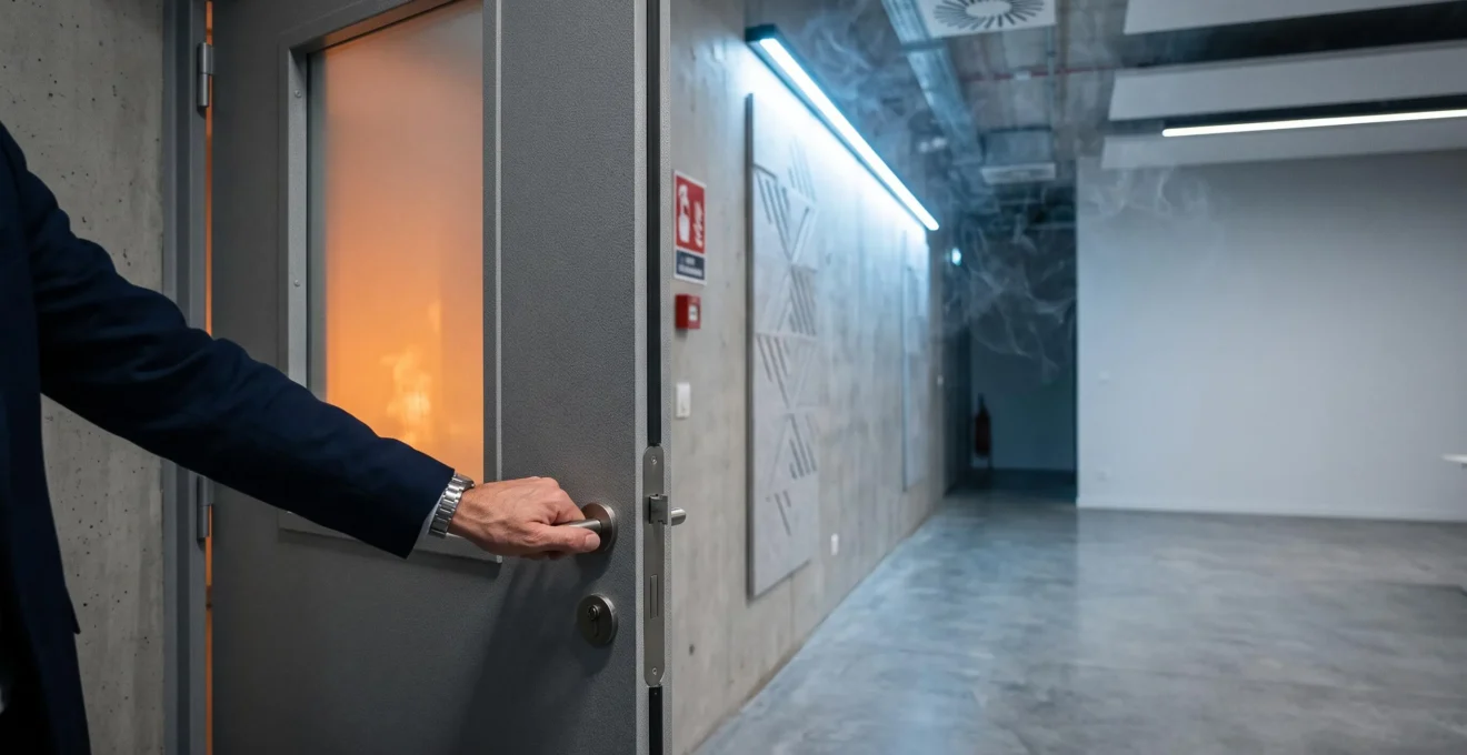 Main refermant une porte coupe-feu dans un couloir de bureau francais pour contenir un depart d'incendie