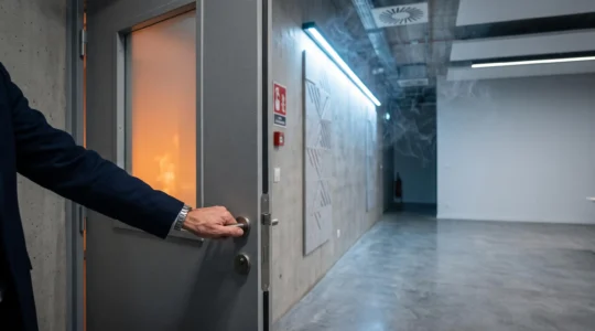 Main refermant une porte coupe-feu dans un couloir de bureau francais pour contenir un depart d'incendie