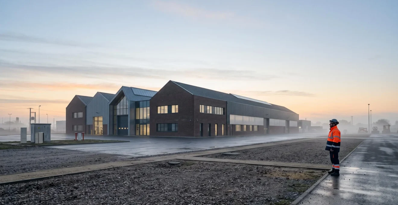 Vue symbolique d'une usine française protégée par un plan de prévention incendie durable, entre technologie et vigilance humaine
