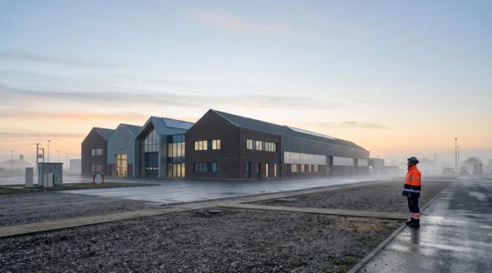 Vue symbolique d'une usine française protégée par un plan de prévention incendie durable, entre technologie et vigilance humaine